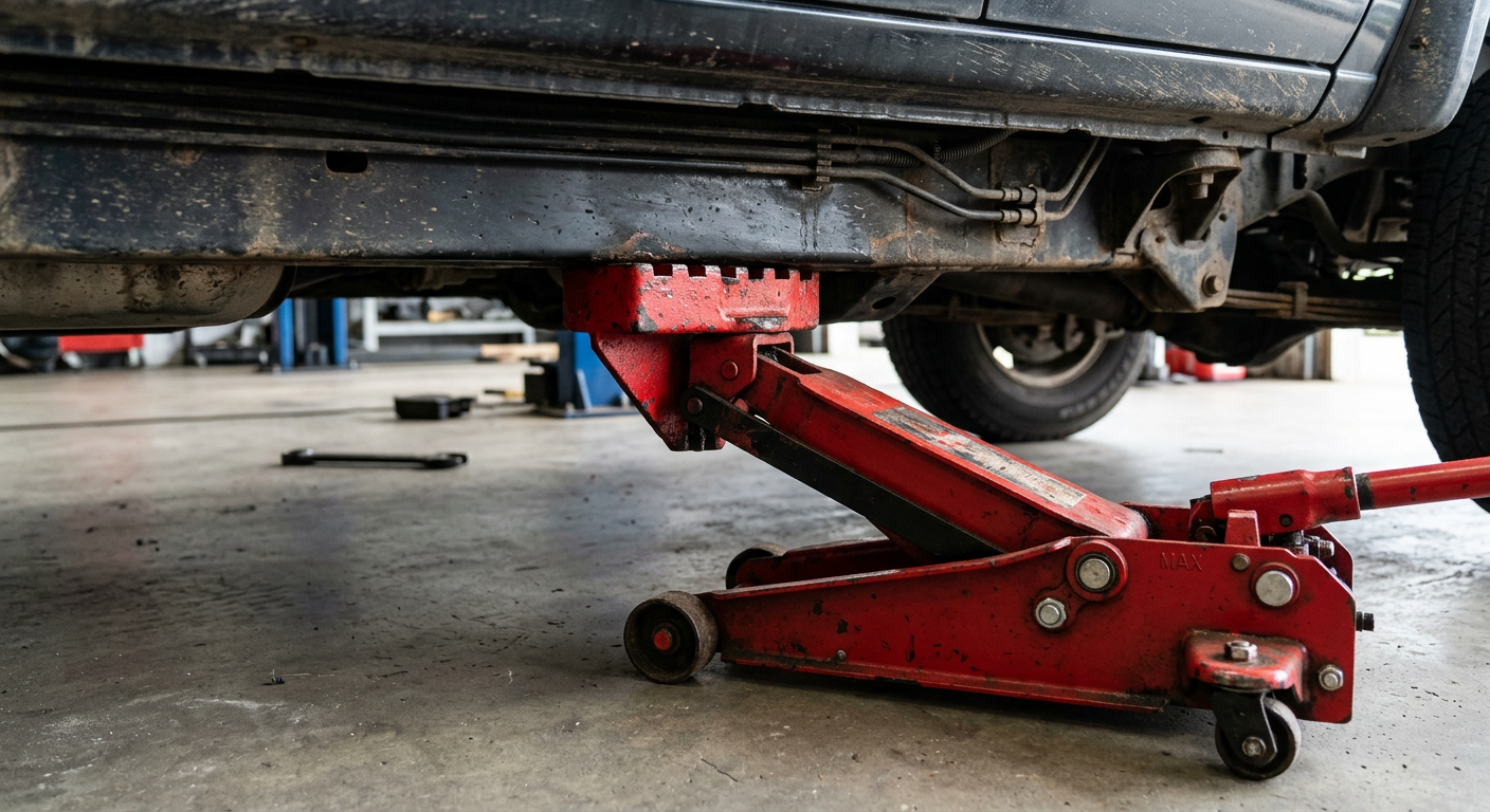 Close-up of a hydraulic floor jack saddle under a vehicle frame