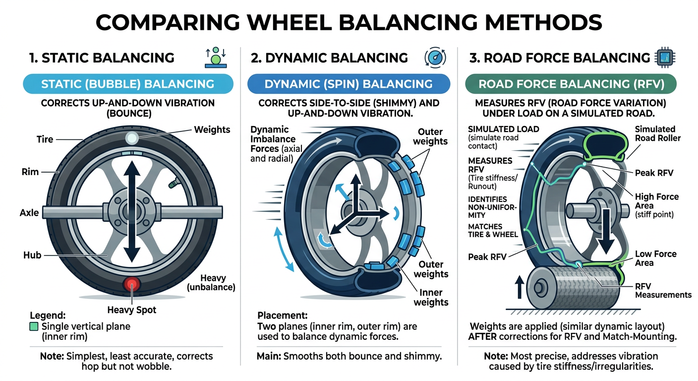 Infographic comparing static dynamic and road force wheel balancing methods