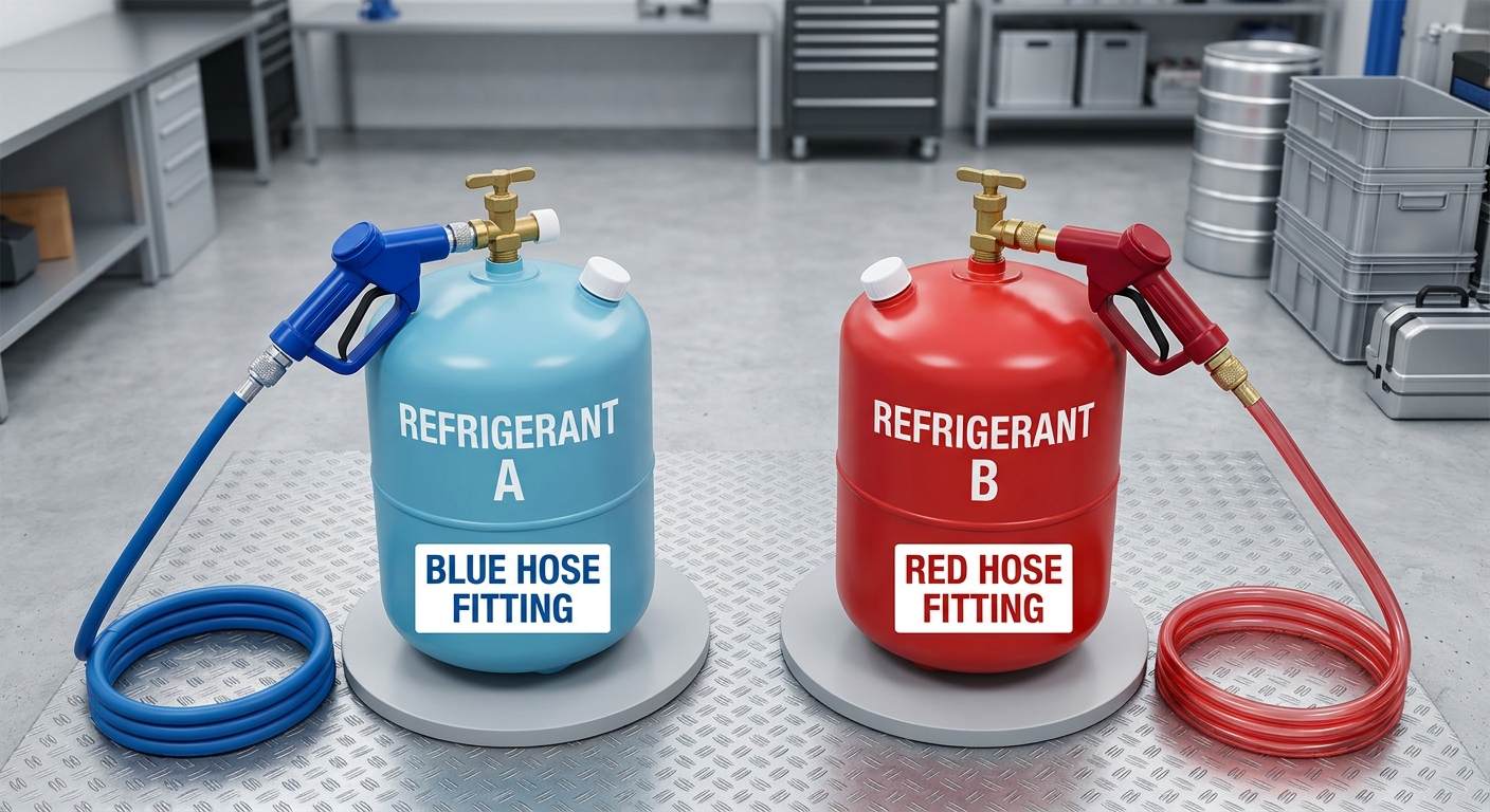 Two color-coded refrigerant tanks representing R134a and R1234yf separation